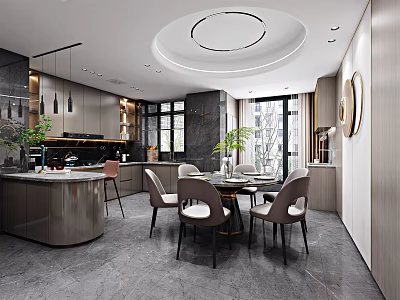 Modern Restaurant Interior Design With Open Kitchen Dining Table And Pendant Lights 3d model