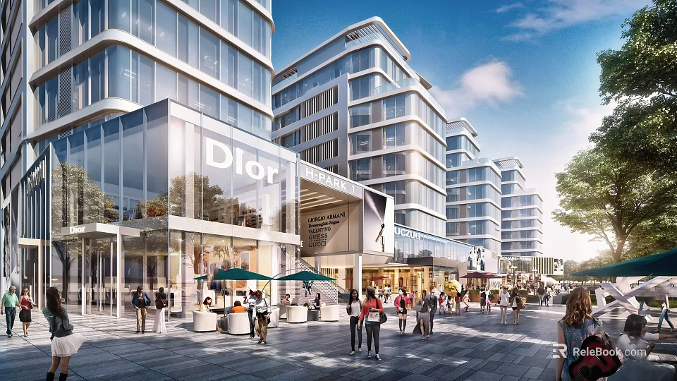 Vibrant Commercial Street With Modern Glass Buildings Brand Stores Pedestrians And Outdoor Dining Areas 3d model 