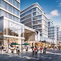 Vibrant Commercial Street With Modern Glass Buildings Brand Stores Pedestrians And Outdoor Dining Areas
