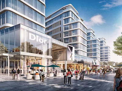 Vibrant Commercial Street With Modern Glass Buildings Brand Stores Pedestrians And Outdoor Dining Areas 3d model