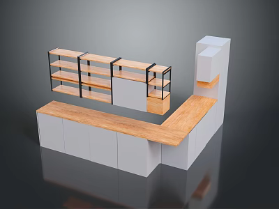 Stylish Pantry Interior Design With White Cabinets Wooden Countertop And Black Frame Open Shelves 3d model
