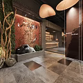 Modern Restaurant Interior Design With Textured Rock Wall Water Fountain And Green Plants