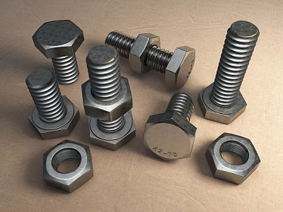 Industrial Metal Bolts And Nuts Various Sizes In Hardware Tools 3d model