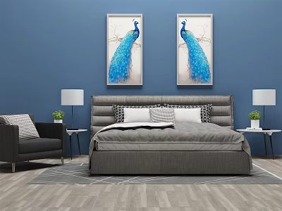 Gray Upholstered Double Bed in Blue Bedroom with Peacock Paintings Table Lamps and Armchair 3d model