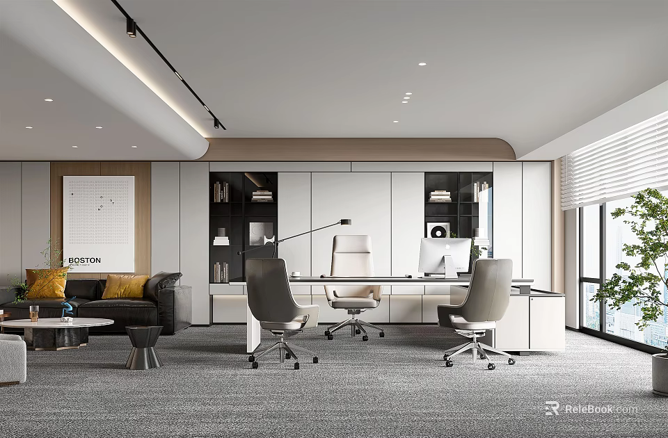 Modern Office Interior Design With Workstations Ergonomic Chairs Sofa And Bookshelves 3d model 