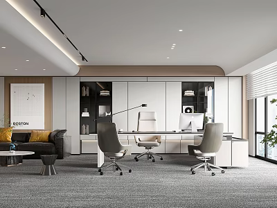 Modern Office Interior Design With Workstations Ergonomic Chairs Sofa And Bookshelves 3d model