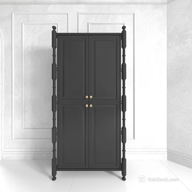 Black Entryway Side Cabinet with Double Doors and Brass Handles in Modern Minimalist Interior 3d model 