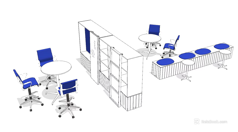 Modern Office Table And Chair Set With Round Tables Blue Chairs And Shelves 3d model 