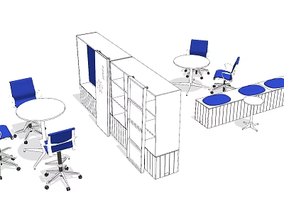 Modern Office Table And Chair Set With Round Tables Blue Chairs And Shelves 3d model
