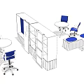 Modern Office Table And Chair Set With Round Tables Blue Chairs And Shelves