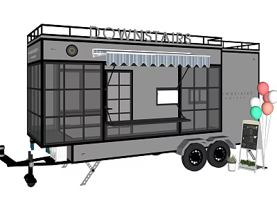 Functional Mobile Vehicle With Glass Windows Awning Display Counter Balloons And Menu Board 3d model