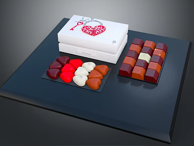 Assorted Colored Chocolates in Heart Shaped Trays with White Box and Red Heart Key Decoration 3d model