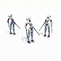 Game And Movie Character With White Purple Armor Holding Green Spear In Three Angles Sci Fi Design