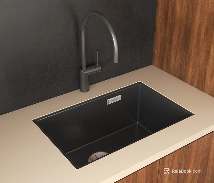Modern Black Kitchen Sink with Sleek Faucet on Light Countertop and Wooden Cabinets 3d model 