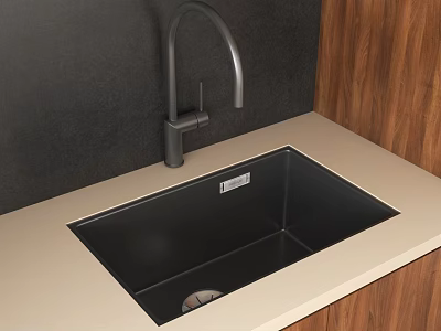 Modern Black Kitchen Sink with Sleek Faucet on Light Countertop and Wooden Cabinets 3d model