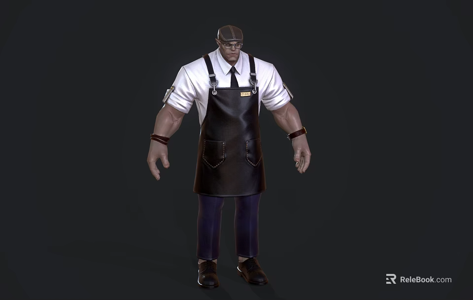 Muscular Man Wearing White Shirt Black Apron And Hat Against Dark Background 3d model 