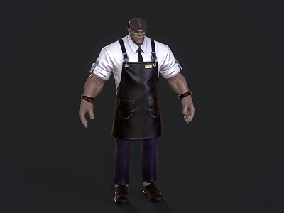 Muscular Man Wearing White Shirt Black Apron And Hat Against Dark Background 3d model
