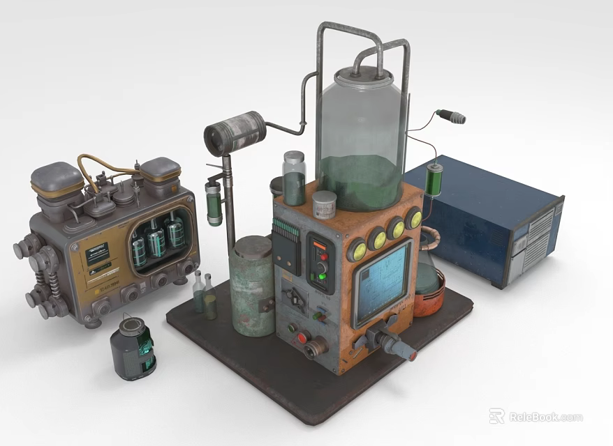 Vintage Scientific Device With Glass Container Dials Pipes And Metal Components 3d model 
