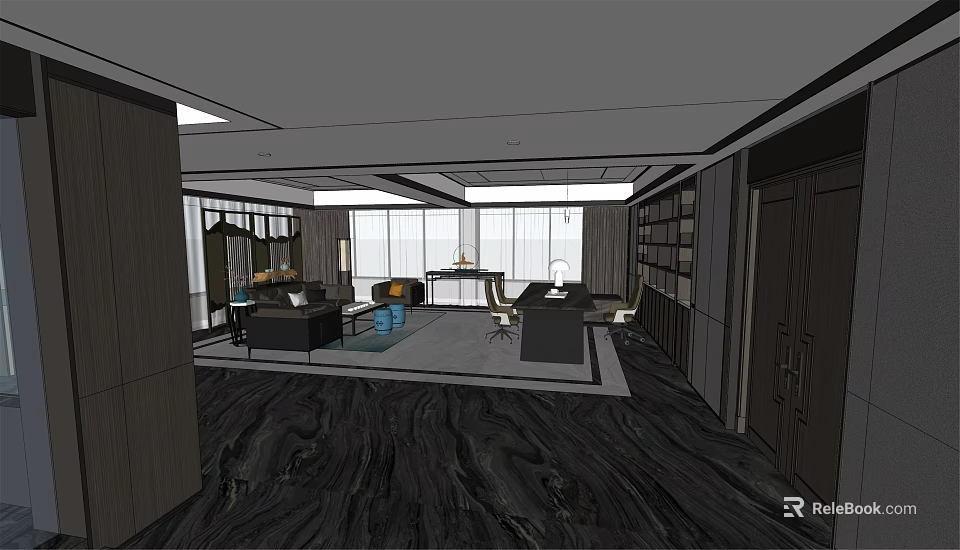 Spacious Modern Office Interior With Desk Sofa Bookshelf Large Windows And Dark Flooring 3d model 