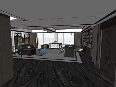 Spacious Modern Office Interior With Desk Sofa Bookshelf Large Windows And Dark Flooring 3d model