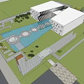 Modern Sales Office Building With Geometric Patterns Black White Stripes And Reflective Water Surface