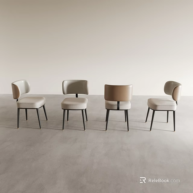 Modern Dining Chairs With Curved Backrest Beige Upholstered Seats Black Metal Legs 3d model 