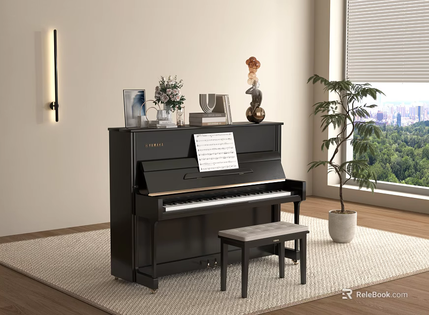 Upright Piano And Artistic Decor In Bright Room With Sheet Music Flowers Plant And View 3d model 