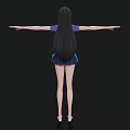 Woman with arms outstretched in purple and blue outfit standing against black background