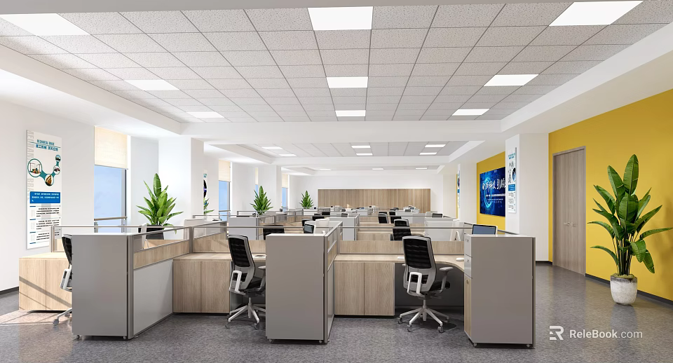Modern Public Office Interior Design With Cubicles Computers Chairs Ceiling Lights And Plants 3d model