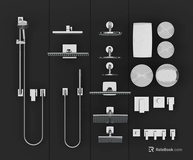 Complete Collection of Shower Head Parts Including Handheld Fixed Round Nozzle Components 3d model 