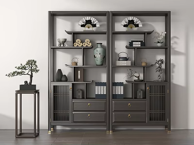 Traditional Chinese Dark Wood Display Shelf With Decor And Bonsai 3d model