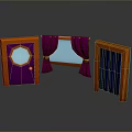 Purple Door With Circular Window Golden Handle And Window With Purple Curtains Orange Frames