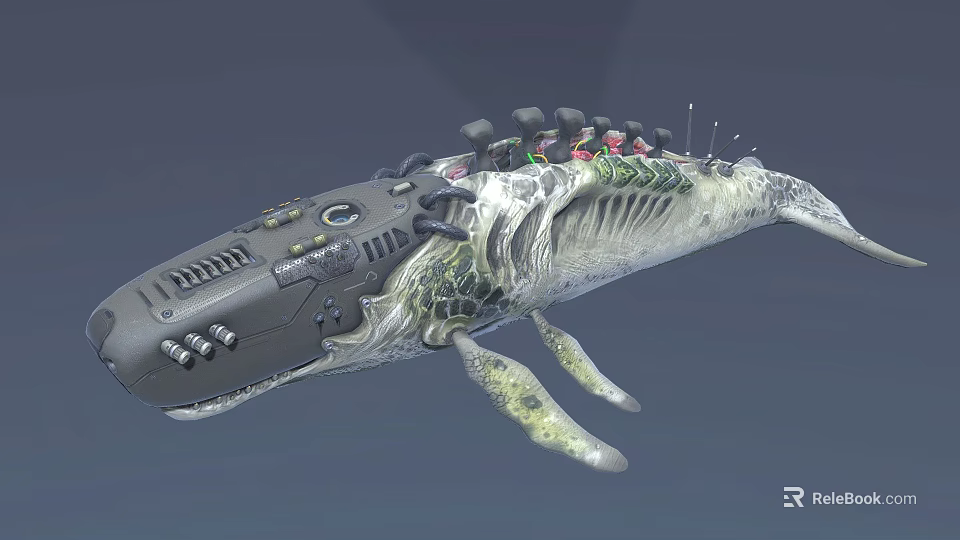 Detailed Futuristic Biomechanical Whale With Mechanical Parts Cables And Control Panels 3d model 