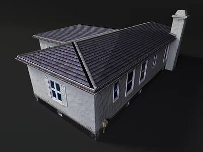 Traditional Residential House Exterior Featuring Gray Walls Sloped Shingle Roof And White Window Frames 3d model