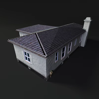 Traditional Residential House Exterior Featuring Gray Walls Sloped Shingle Roof And White Window Frames 3d model