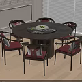 Round Dark Wood Table with Six Chinese Style Chairs Red Cushions White Walls and Blinds