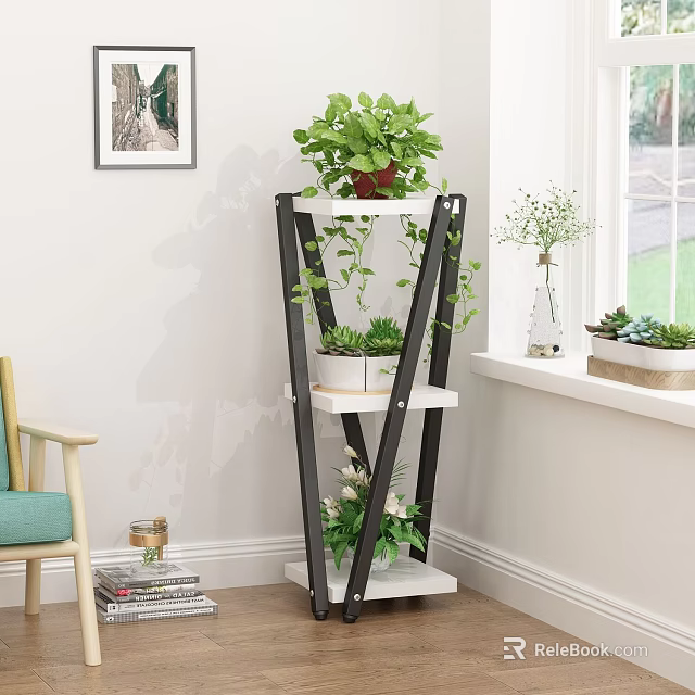 Indoor Garden Decor With Multi tiered Plant Stand And Green Potted Plants On Window Sill 3d model 