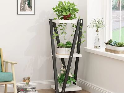 Indoor Garden Decor With Multi tiered Plant Stand And Green Potted Plants On Window Sill 3d model