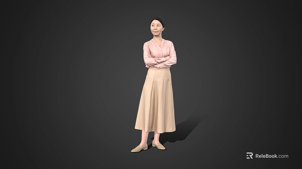 Woman in pink top and beige long skirt with crossed arms standing against gray background 3d model 