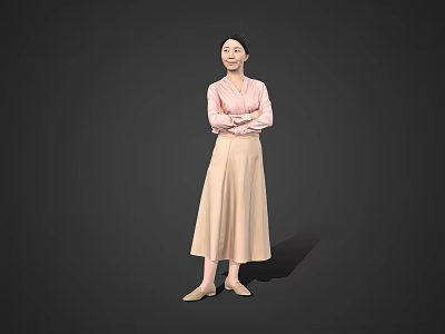 Woman in pink top and beige long skirt with crossed arms standing against gray background 3d model