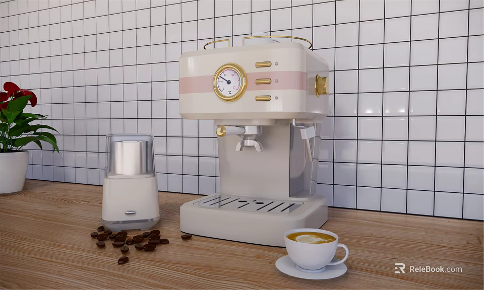 Beige Coffee Machine With Grinder Coffee Beans And Cup On Wooden Countertop Tile Wall 3d model 