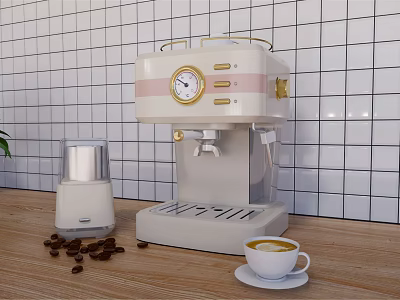 Beige Coffee Machine With Grinder Coffee Beans And Cup On Wooden Countertop Tile Wall 3d model