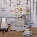Beige Coffee Machine With Grinder Coffee Beans And Cup On Wooden Countertop Tile Wall