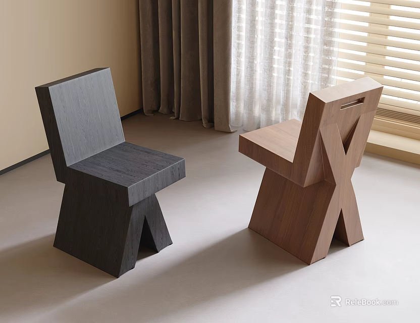Modern Wooden Dining Chairs With Cross Leg Design In Dark And Light Tones 3d model 
