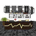 Dark Wood Bar Counter With Yellow Zigzag Design Black Shelves Wine Bottles Green Plant