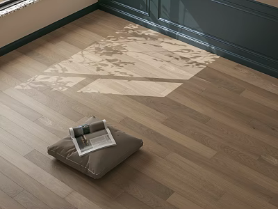 Natural Hardwood Flooring with Sunlight Leaf Shadow and Gray Cushion on Floor 3d model