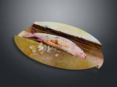 Wooden Cutting Board With Fresh Fish And Ice Cubes For Kitchen Food Preparation 3d model
