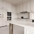 Modern White Kitchen Interior With Marble Island Counter Cabinets And Stainless Steel Appliances