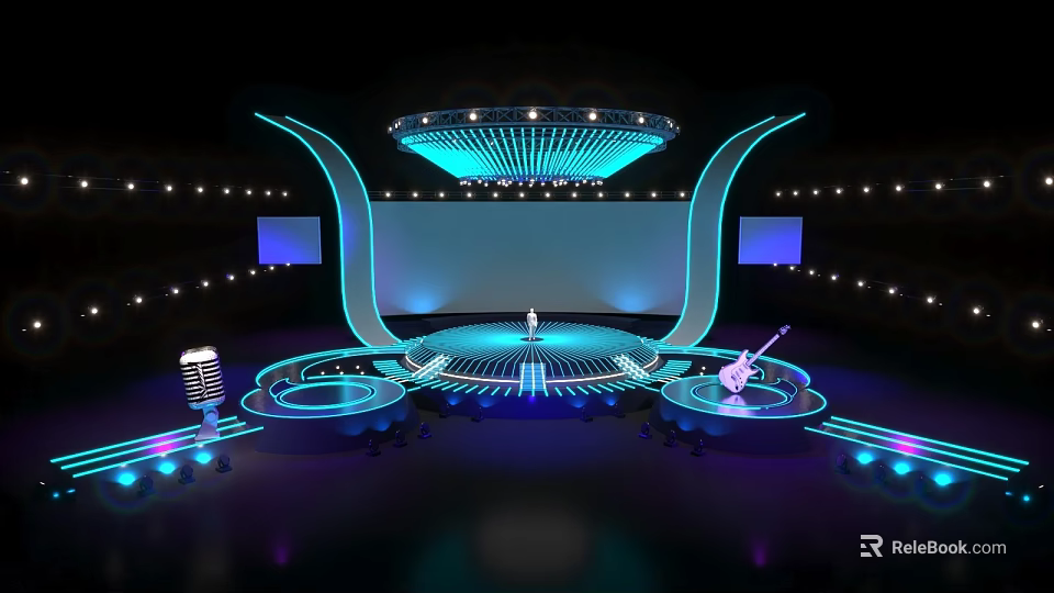 Modern Commercial Stage Equipment with Illuminated Lighting Large Screens and Microphones 3d model 