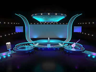 Modern Commercial Stage Equipment with Illuminated Lighting Large Screens and Microphones 3d model